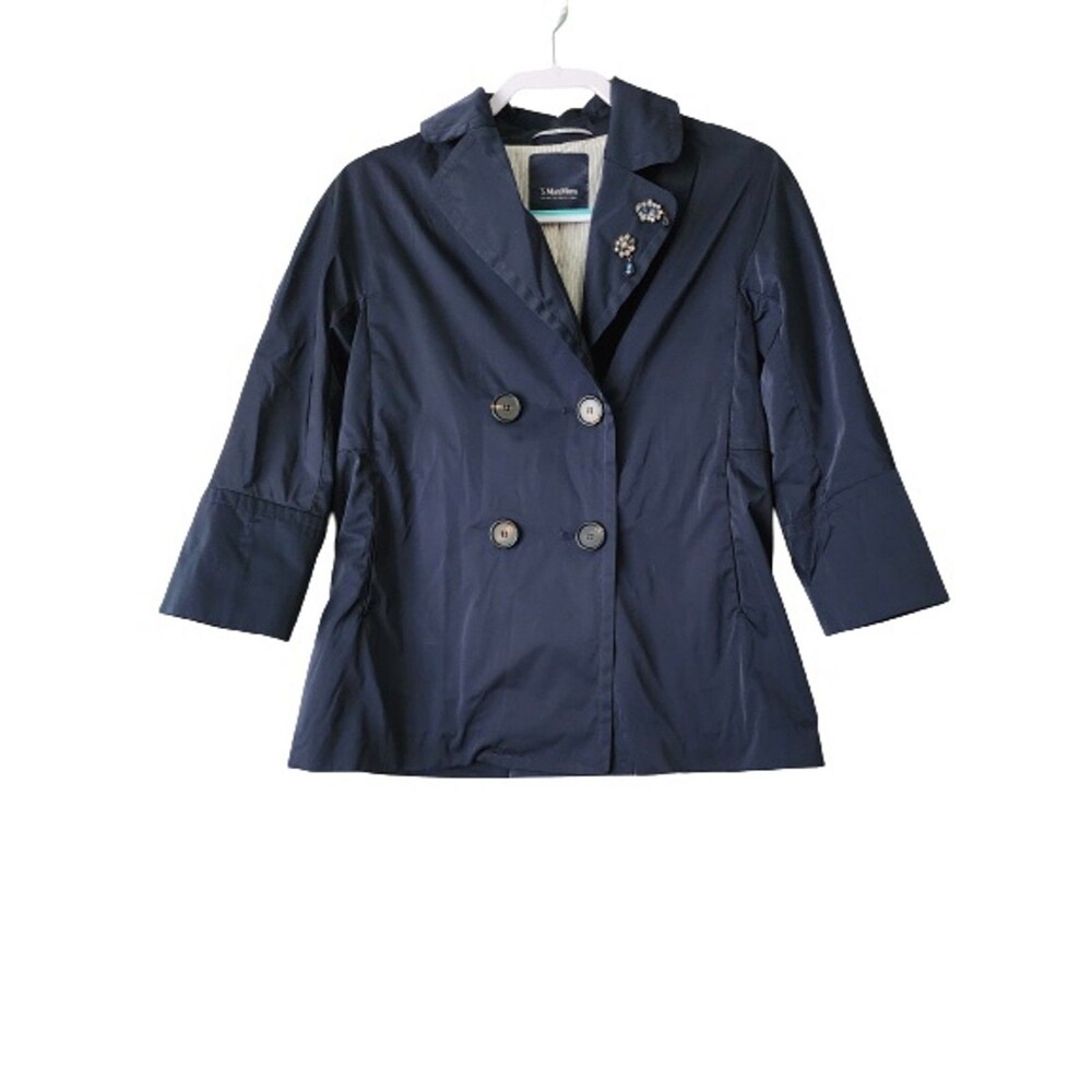 S Max Mara Women's Short Trench Coat Navy Blue Crystal Brooch Size S Italy